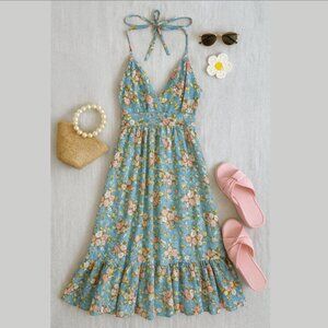 Floral Sundress, Women's Small, Blue & Pink Rose Floral, Coquette girl, Fairy